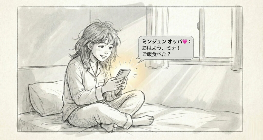【日韓カップル】彼氏からの「止まらないカカオトーク」は束縛ではなかった(第1話) - 미나로그 1화 01 일본어 1 日韓カップルの朝の挨拶はいつもカカオトークの「こんにちは」です