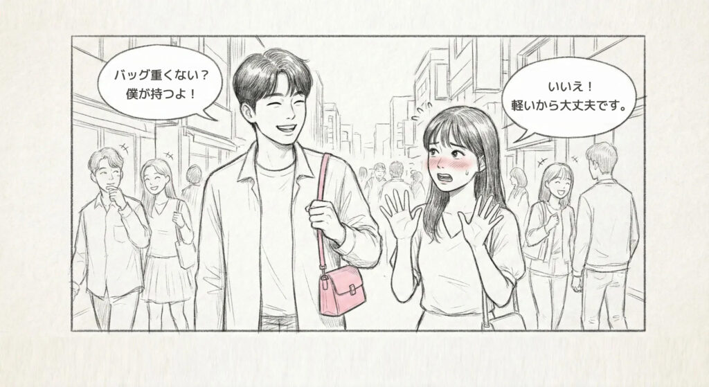 韓国人彼氏 レディーファーストが凄すぎる?日本人女性が感動した3つの神対応(第5話) - 미나로그 5화 01 일본어 韓国人彼氏 レディーファーストは実在する?韓国人彼氏が彼女のバッグを持って歩くデートの様子