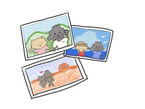 日韓夫婦がビザを受けるために久しぶりに恋愛時代のように旅行を通って撮った写真の思い出が込められた3枚のスケッチ写真が重なっています。