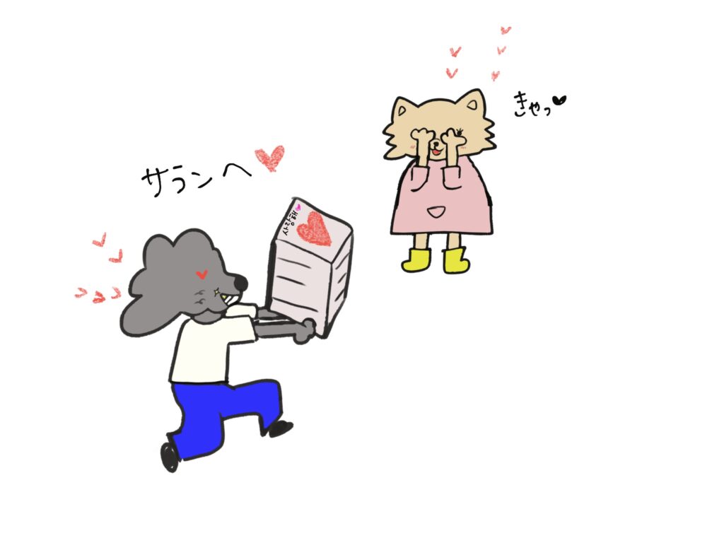 夫がひざまずき、ハート型と「サランヘ（愛してる）」と書かれた厚い書類ファイルを妻に捧げます。「サランヘ❤️」と「きゃっ❤️」というフレーズとともに妻が喜んでいます。ビザ許可の喜びを象徴しています。