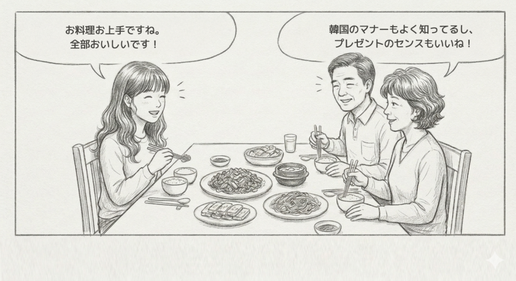 韓国の彼氏の両親挨拶:言葉と文化の壁を越える5つのコツ(第4話) - Gemini Generated Image lz80dhlz80dhlz80 1 1 korean-dining-etiquette-tips-for-foreigners, 彼氏ミンジュンの両親のように、ある食卓で食事をしている。 minaは食べ物がおいしいと言います。