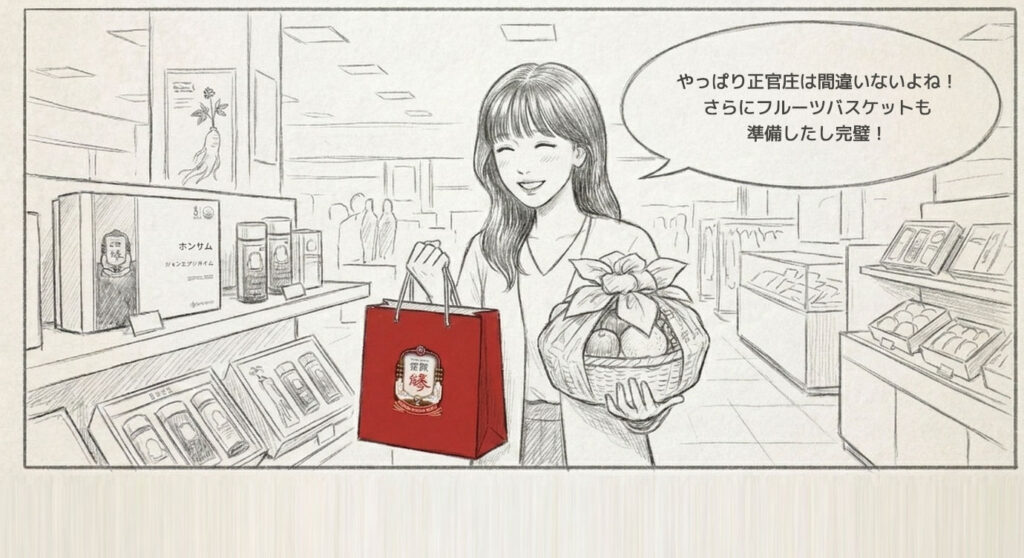 韓国の彼氏の両親挨拶:言葉と文化の壁を越える5つのコツ(第4話) - Gemini Generated Image tbh89tbh89tbh89t 1 cheong-kwan-jang-red-ginseng-gift-idea, 한국 시부모님 선물 추천 정관장 홍삼, 韓国のボーイフレンドの両親に初めて会うため、プレゼントに気をつけて正官長の紅参とフルーツバスケットを購入した姿だ。