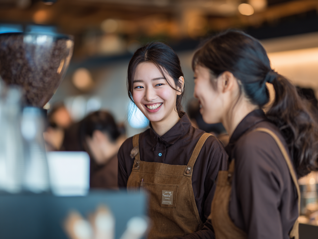 韓国コーヒーショップのフレンドリーなスタッフの笑顔