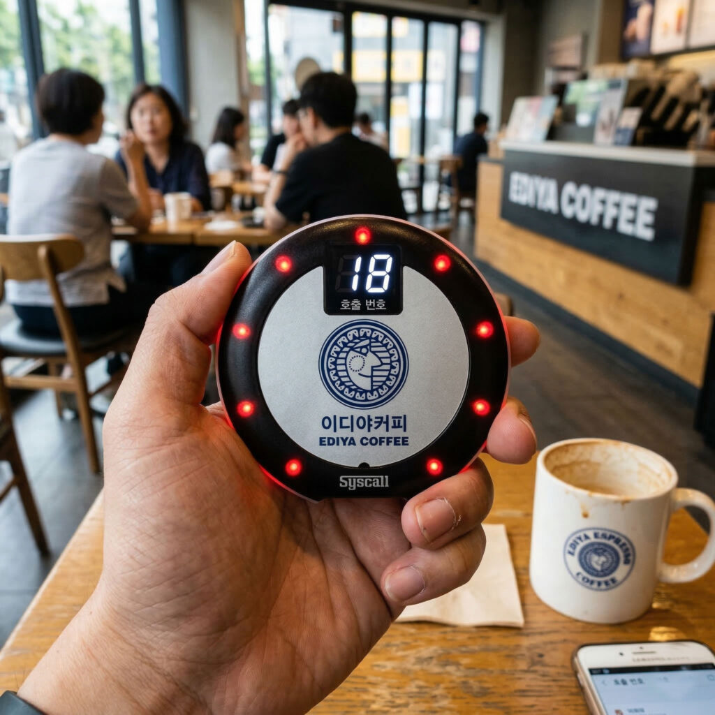 韓国 カフェ 利用完全ガイド:呼び出しベル・1人1オーダーの基本マナー - 한국 카페 이용 매뉴얼1 韓国カフェ利用中に振動を受けてドリンクを待つイメージ