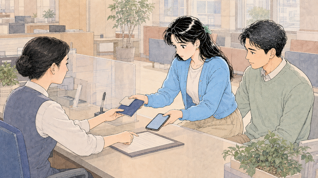 韓国 携帯電話 本人認証|銀行口座まで整える順番【2026年】MISSION 22 - image 106 1024x576 1 韓国の銀行窓口で本人名義の口座開設を進める日本人女性