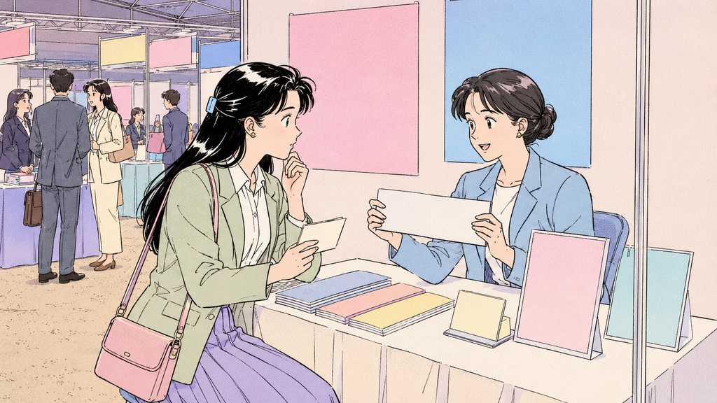 韓国D-2卒業後はどうする?帰国・進学・D-10就職準備まで整理 MISSION 16 - image 112 韓国の外国人留学生向け就職フェアで卒業後の就職条件を企業担当者に確認する場面