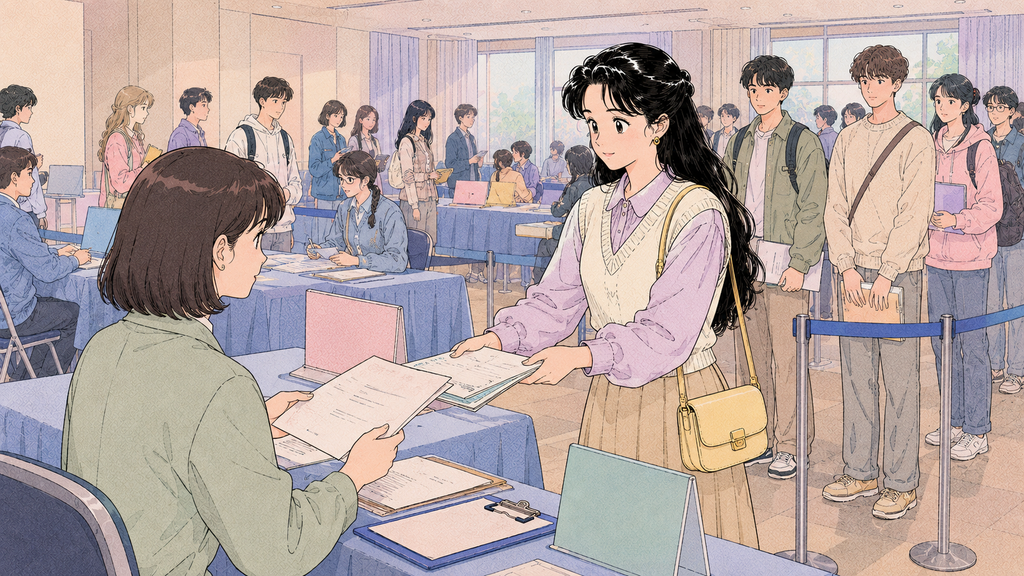 D-2の外国人登録はどうする?韓国留学生の申請手順・必要書類 MISSION 11 - image 32 韓国大学の団体外国人登録受付に参加する場面