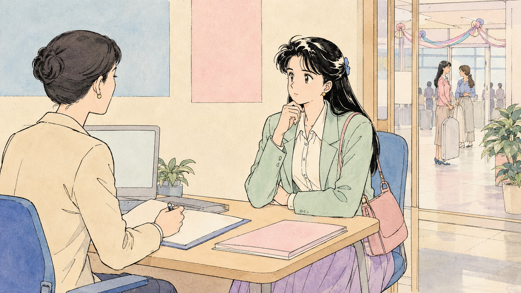 韓国D-2卒業後はどうする?帰国・進学・D-10就職準備まで整理 MISSION 16 - image 37 卒業後の帰国・進学・韓国就職について大学のキャリアセンターで相談する場面