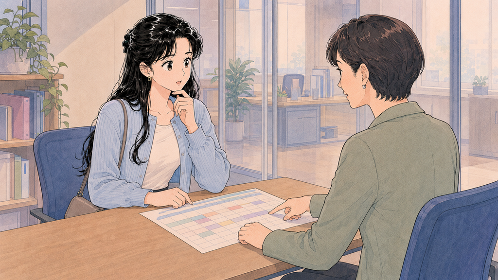 韓国語学留学の目的と期間はどう決める?D-4-1留学準備ガイド MISSION 01 - image 38 勤務先で韓国語学留学に使える休職・退職時期を相談する場面