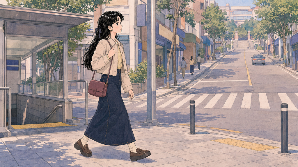 韓国語学堂の選び方|大学付属語学堂の比較・学費・D-4-1確認 MISSION 02 - image 39 1024x576 1 短期訪韓中に候補語学堂の周辺を歩いて通学環境を確認する場面