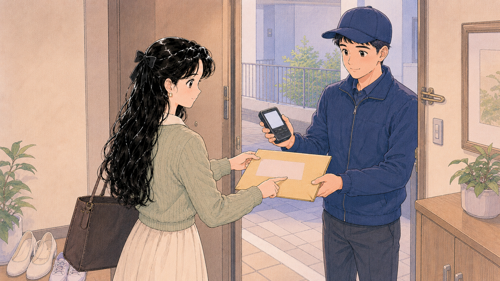 韓国語学堂の出願方法|D-4-1の必要書類・提出手順 MISSION 04 - image 41 1024x576 1 自宅で語学堂出願書類を国際宅配便の集荷員へ渡す場面