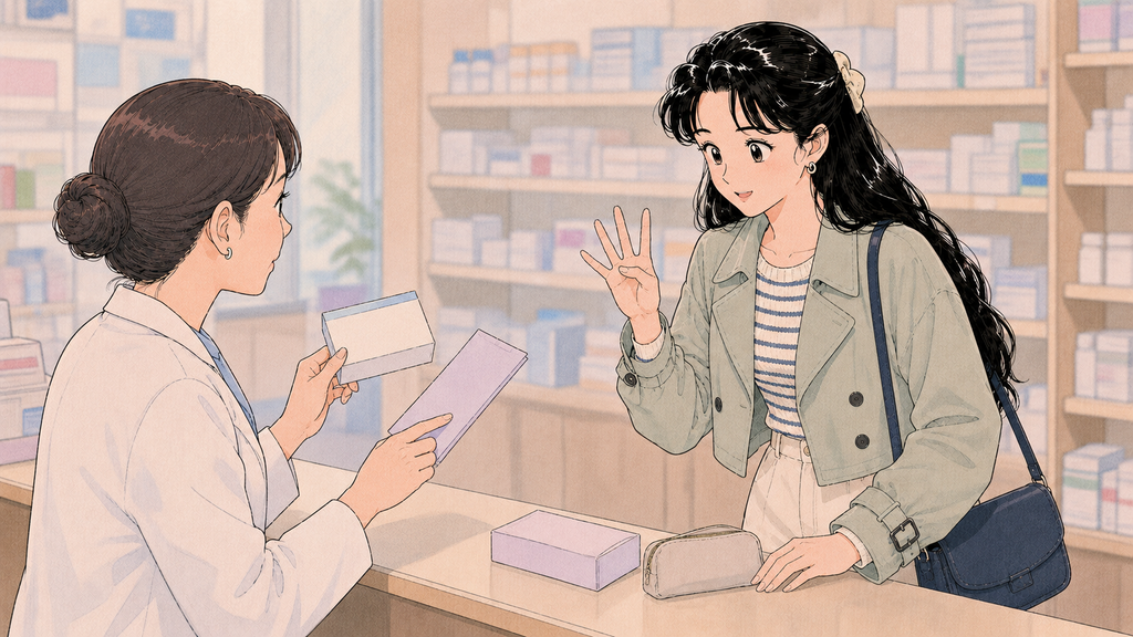 韓国留学の出発前準備|渡韓前チェックリストと必要な確認事項 MISSION 08 - image 46 日本の薬局で韓国へ持参する常用薬について相談する場面
