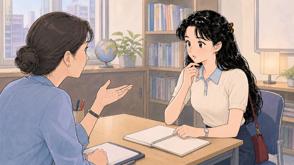韓国語学堂のレベルテスト|クラス分け・オリエンテーション準備 MISSION 10 - image 48 1024x576 1 韓国語学堂で一対一の口頭レベルテストを受ける場面