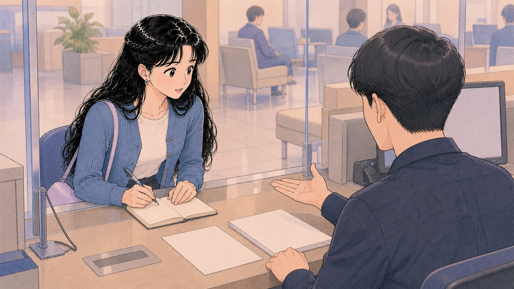 韓国で外国人が携帯契約|本人認証・銀行口座までの準備方法 MISSION 12 - image 50 韓国の銀行で追加書類を求められ口座開設条件を確認する場面