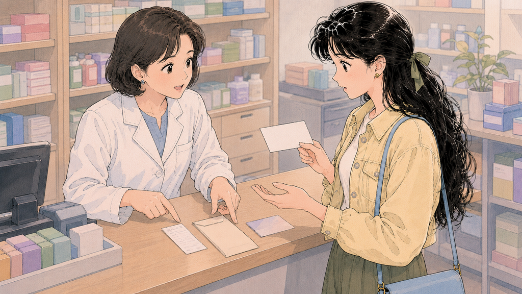 D-4-1の健康保険はいつから?語学留学生の加入・6か月前の備え MISSION 13 - image 52 1024x576 1 国民健康保険加入前に韓国の薬局で学校保険の使い方を確認する場面
