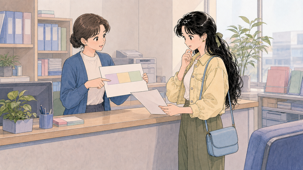 D-4-1の健康保険はいつから?語学留学生の加入・6か月前の備え MISSION 13 - image 52 語学堂の事務室で国民健康保険加入前の学校保険を相談する場面