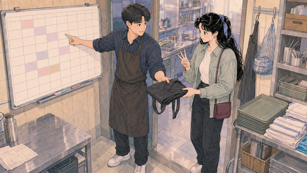 D-4-1のアルバイト|6か月条件・許可時間・申請方法 MISSION 14 - image 53 時間制就業許可後に韓国の飲食店で初めて勤務表を受け取る場面