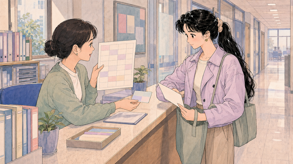 D-4-1ビザ延長ガイド|韓国語学堂の在留期間延長・住所変更 MISSION 15 - image 54 語学堂事務室で次学期登録と出席状況を確認してD-4-1延長を相談する場面