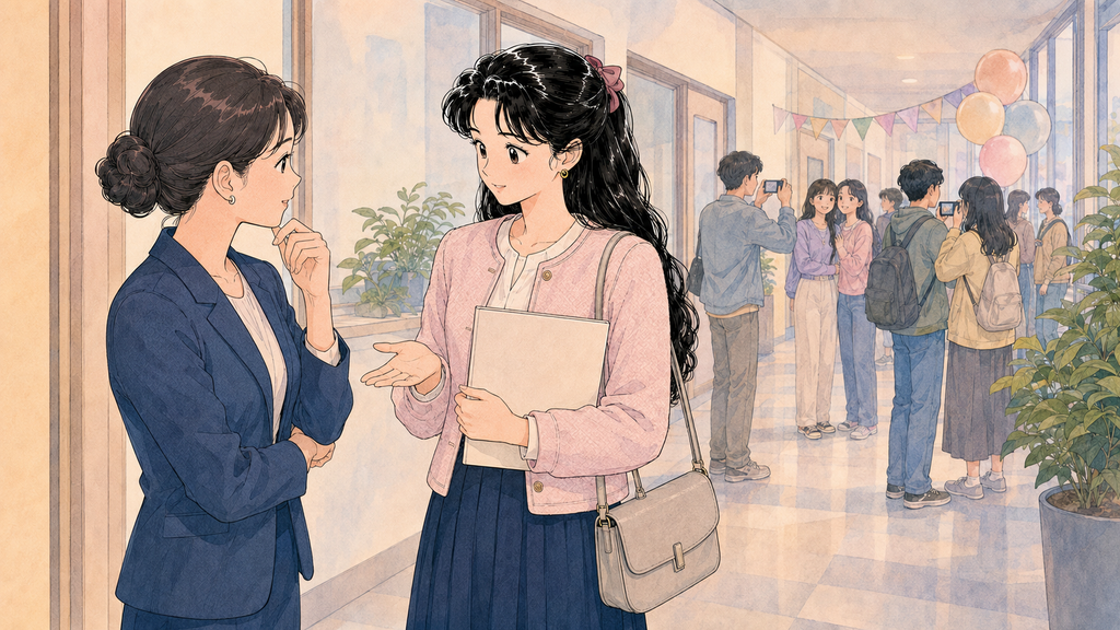 韓国語学留学の修了後|D-4-1の帰国・D-2進学・次の準備 MISSION 16 - image 55 語学堂の修了式後に先生へ次の進路を相談する場面