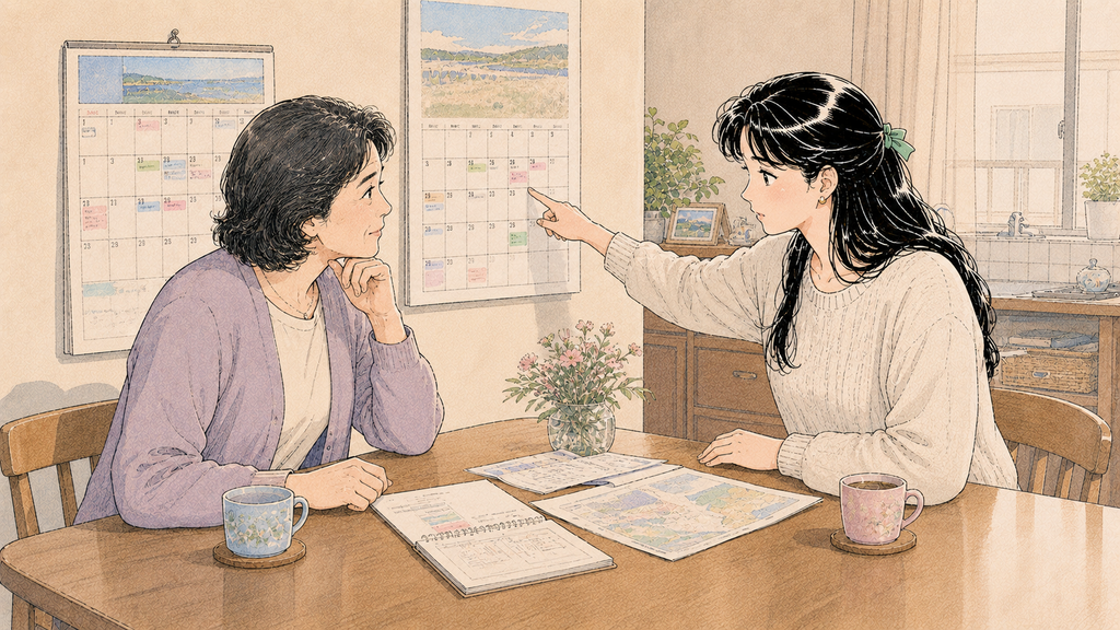 韓国H-1ビザの申請方法|日本人の申請先・手順をわかりやすく解説 MISSION 02 - image 59 韓国への出発予定を家族と相談しながら調整する日本人女性
