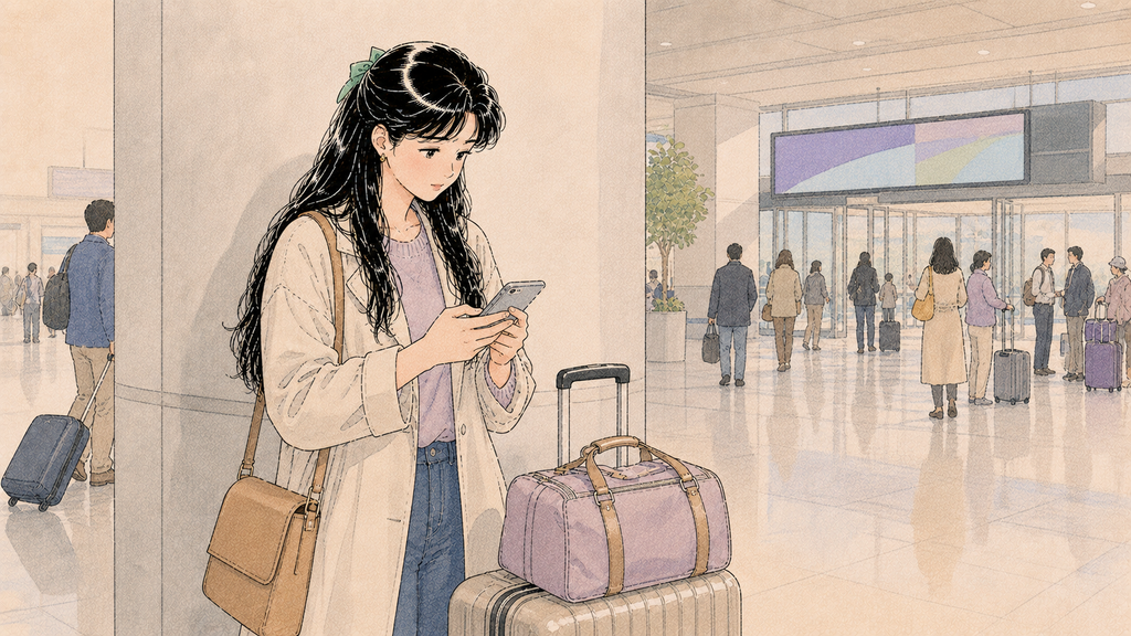 韓国到着初日にやること|空港・通信・宿泊先まで順番に解説 MISSION 07 - image 69 韓国到着ロビーで初めてスマートフォンの通信を確認するワーホリ女性