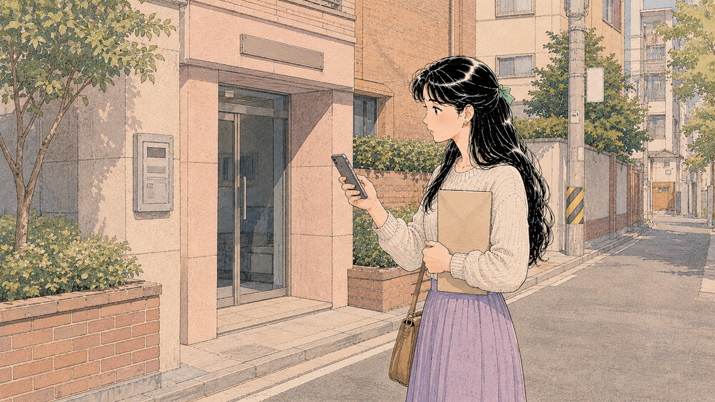 韓国の外国人登録|Residence Cardの申請方法・必要書類を解説 MISSION 08 - image 72 韓国ワーホリ中の日本人女性が住宅街の建物入口で住所を確認し外国人登録の管轄を調べる場面