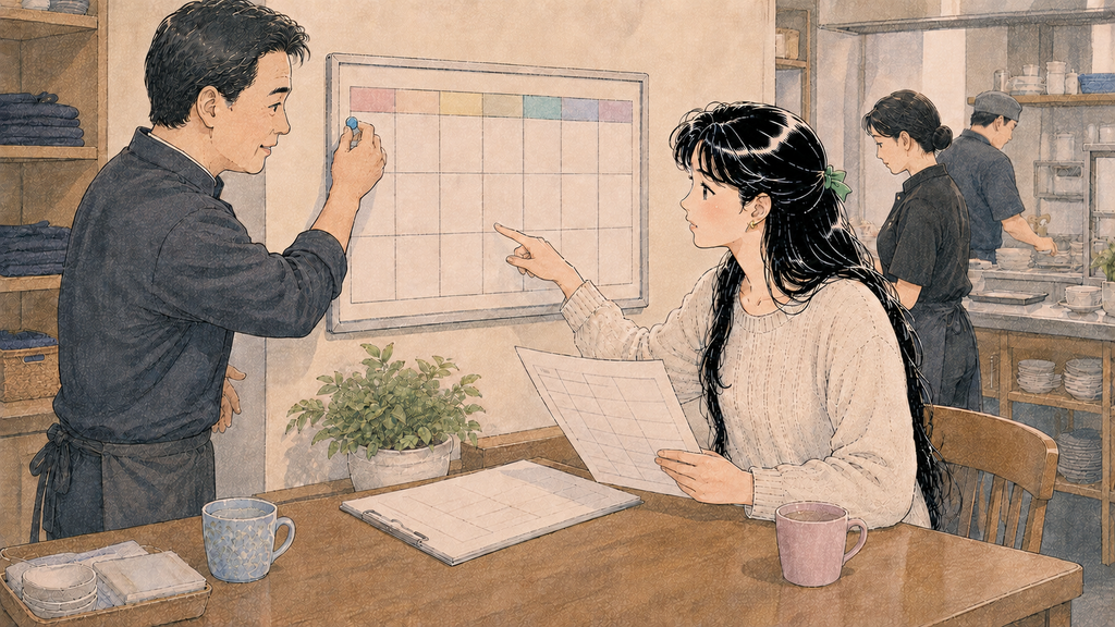 韓国H-1ビザの就労制限|できる仕事・禁止される仕事を解説 MISSION 11 - image 75 韓国ワーホリ中の日本人女性が勤務先で週25時間以内になるようシフトを確認する場面