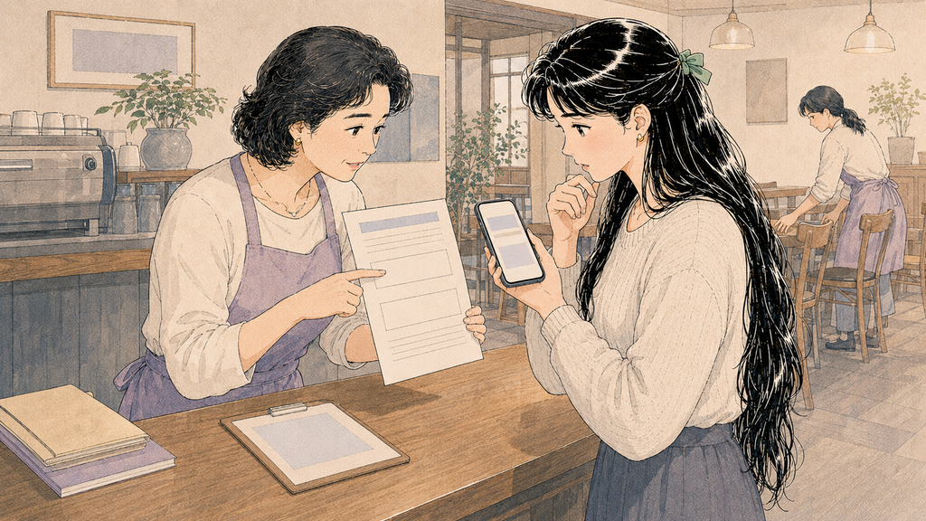 韓国の最低賃金はいくら?2026年の時給と外国人への適用を解説 MISSION 14 - image 78 韓国ワーホリのアルバイト初日に給与条件を確認する日本人女性