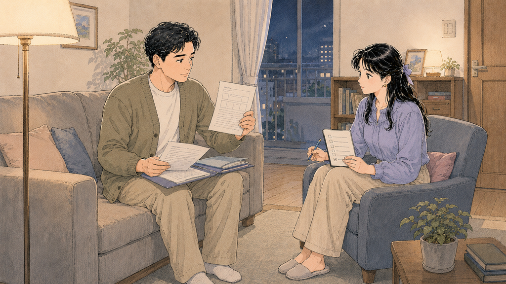 韓国人配偶者の提出書類|F-6で必要な家族関係・招請・所得資料【2026年】MISSION 11 - image 95 韓国人配偶者の招待・所得・住居書類を夫婦で最終確認する場面